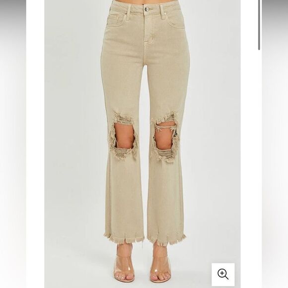 RISEN LOS Angeles Sand High Rise Distressed Straight Leg Jean Raw Hem 7/28 NEW - Picture 15 of 16
